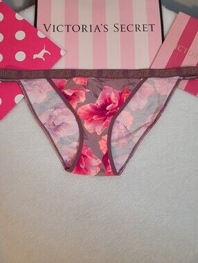 Retired VS PINK Sparkle Logo Band Floral Cotton String Bikini Panty Size Lg
